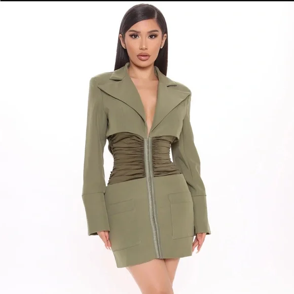 olive green blazer dress Dark Green Satin Beaded Mermaid Prom Dresses, MP847 main image 1
